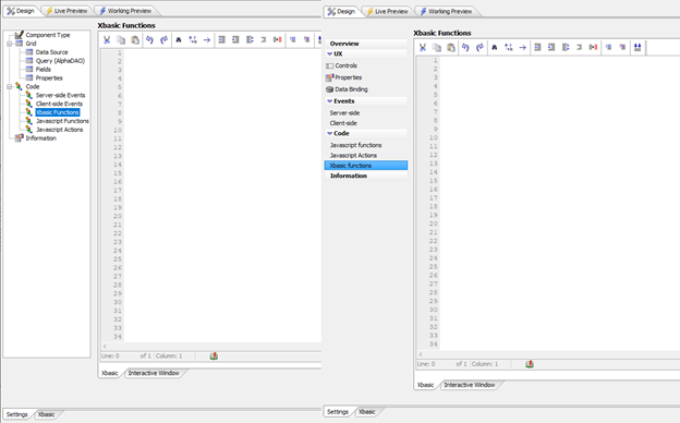 Left: Grid Component Xbasic Functions pane. Right: UX Component Xbasic Functions pane.